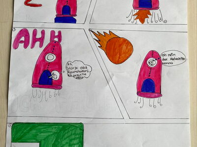 Gezeichneter Comic über eine Rakete