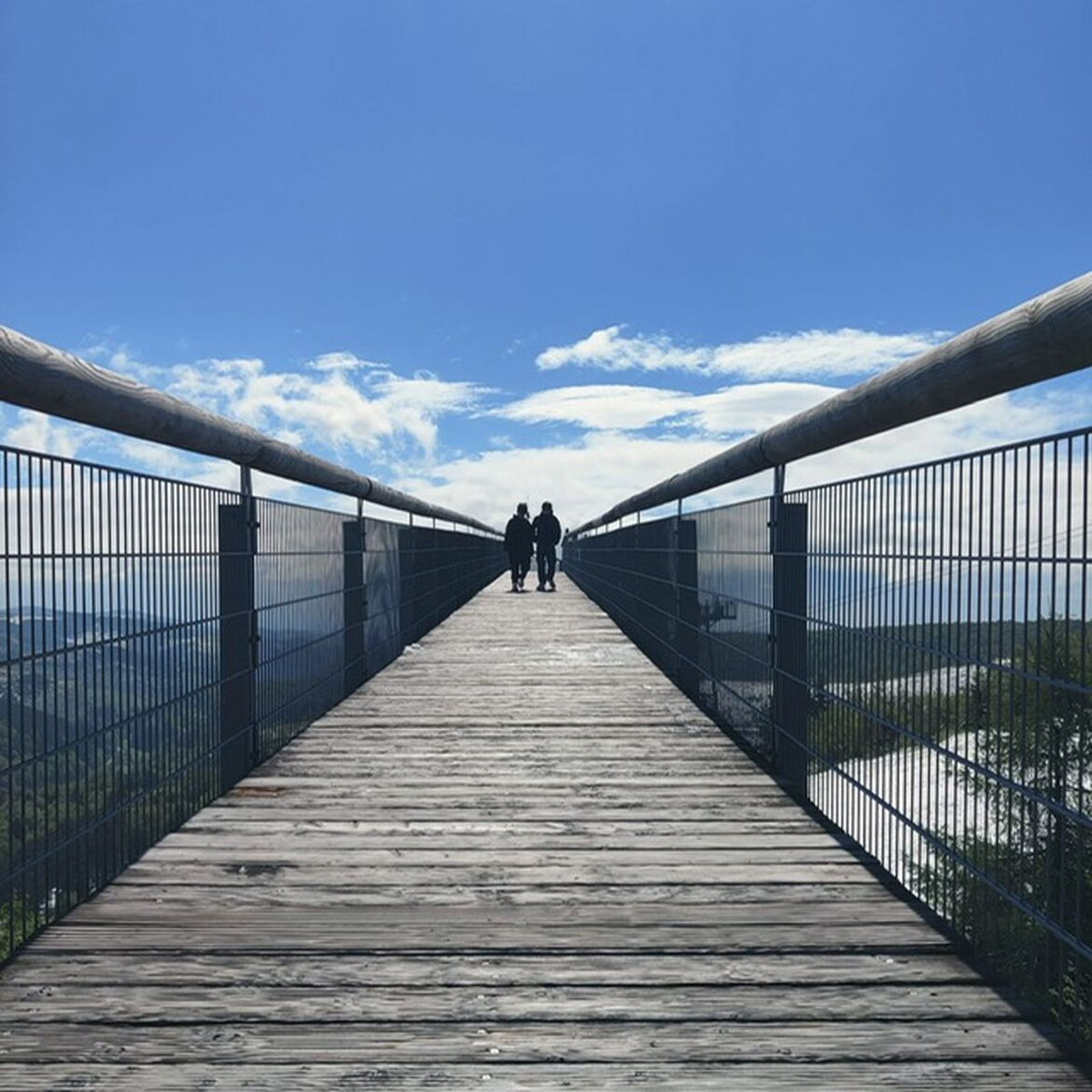 Zwei Schüler gehen auf der Panorama Erlebnisbrücke